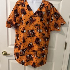 Halloween Scrub Top. Orange with Ghosts, Haunted Houses, Vampires size Large