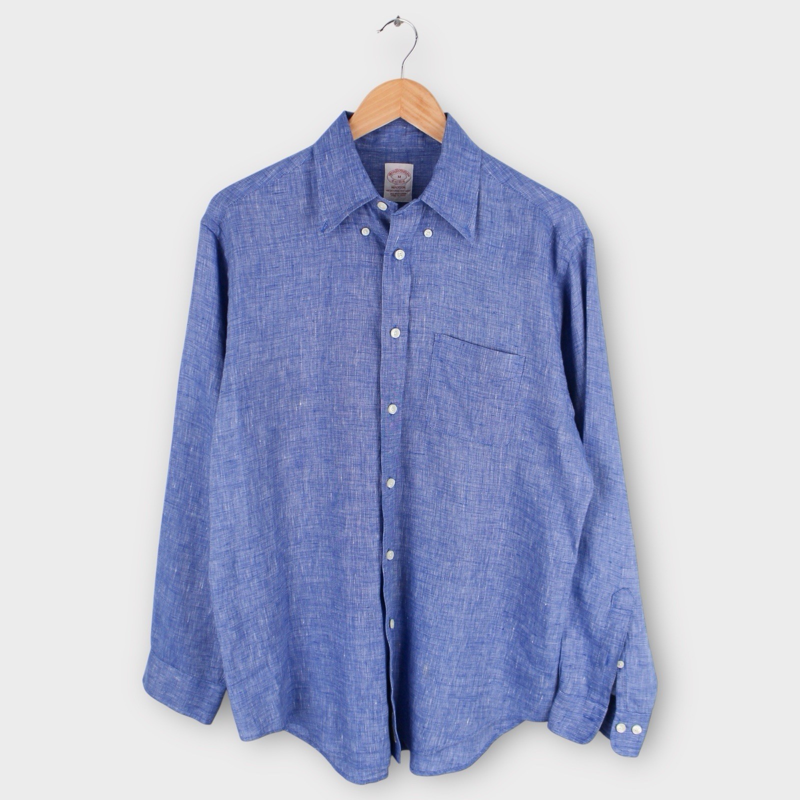 Brooks Brothers Madison Linen Button Down Shirt Mens Medium Blue Long Sleeve