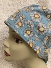 Handmade Womens Surgical Scrub Cap Hat Cotton Daisy Blue Floral