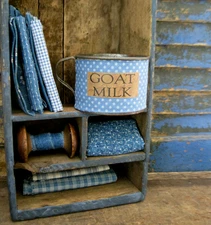 Early Antique Tin Cup Blue Calico Sleeve Goat Milk Label