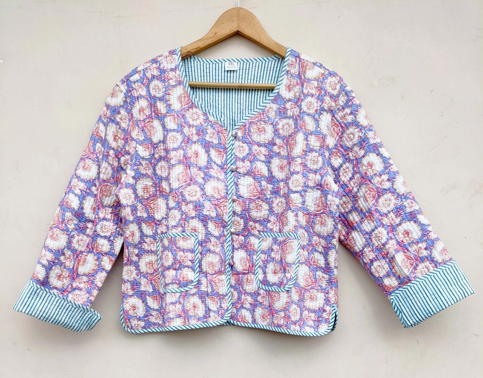 Indian Purple Floral 100%Cotton Quilted Unisex Jacket Womens Clothing Jackets US