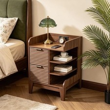 Nightstand with Charging Station, Fluted Night Stand with Drawers