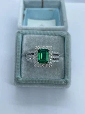 3.80 Ct Emerald Cut Emerald & Moissanite Ring 14k White Gold Finish