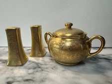 Vintage Packard Gold Salt Pepper Shakers and Covered Sugar Retro MCM