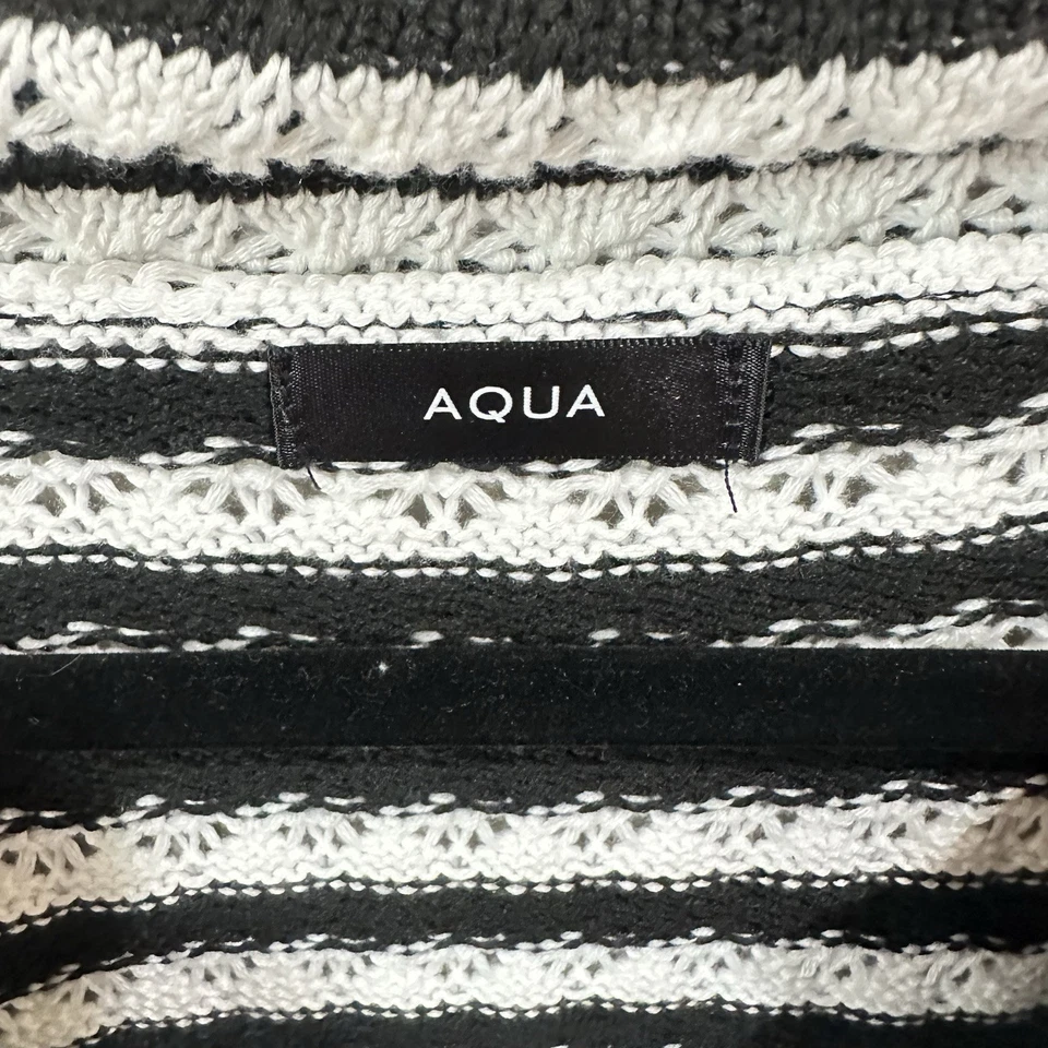 Aqua Pointelle Short Sleeve Button Up Sweater Top Black White Stripes Size S - Image 4 of 4
