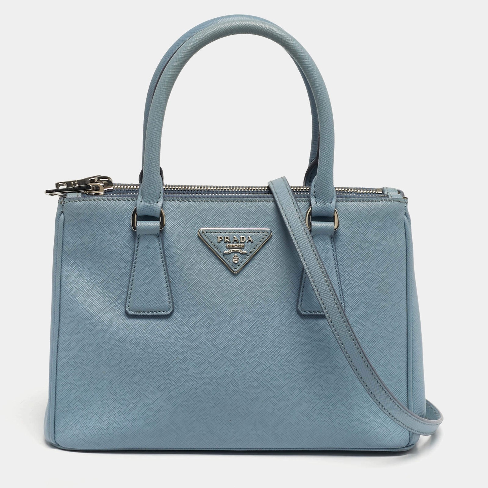 Prada Galleria Small Light Blue Saffiano Lux Leather Double Zip Tote