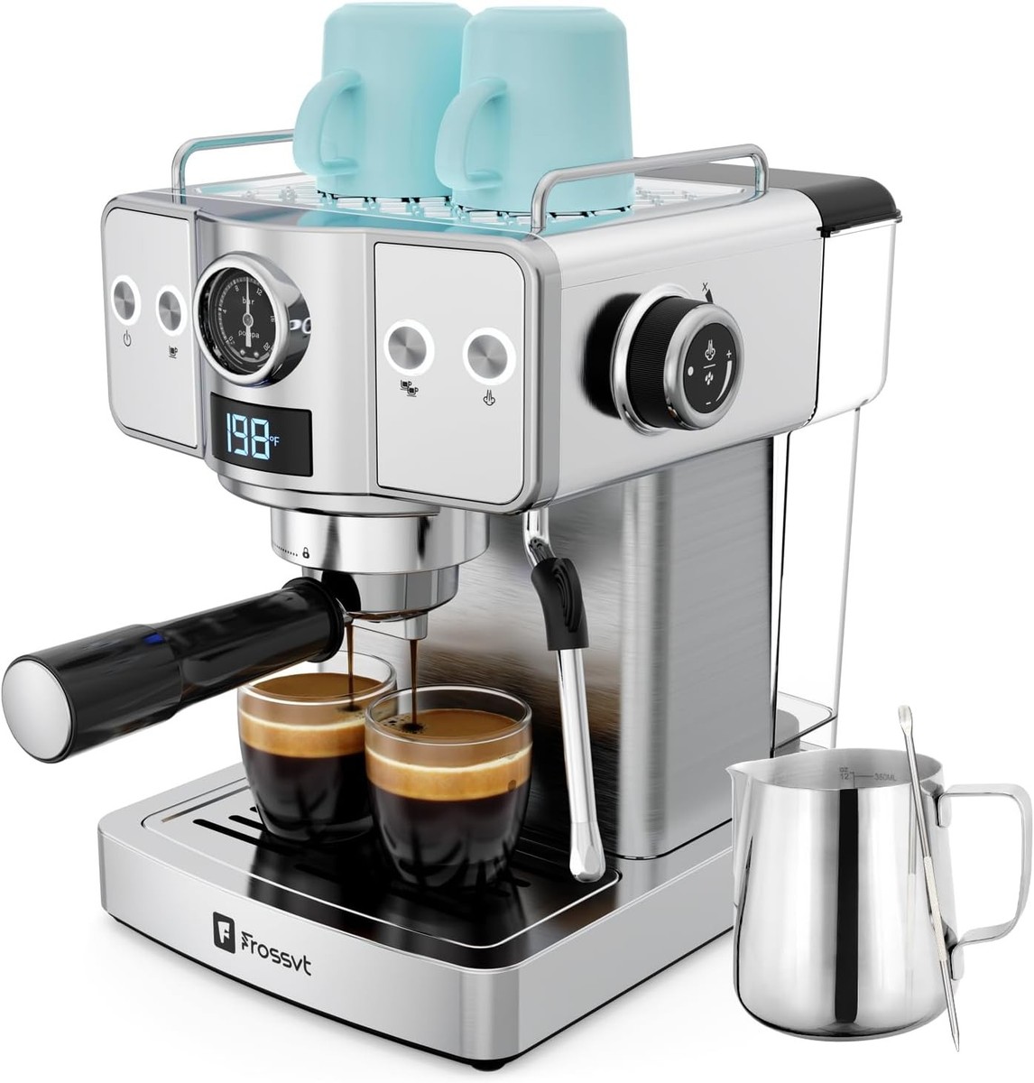 【今日限定】Frossvt エスプレッソマシン EM3205 シルバー Frossvt Home Barista Espresso Machine 20 Bar, Milk Frother Steam