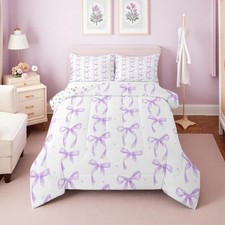 Girls Purple Bow Full Comforter Set,Bowknot Princess Bedding Set for Kids Gir...
