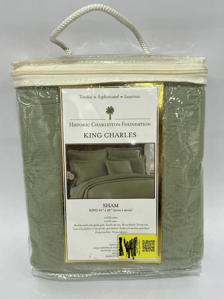 Historic Charleston King Charles Matelasse King 20" x 36" Sham in Sage Green NEW - Image 2 of 2