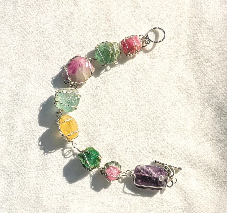 Браслет из стерлингового серебра с несколькими драгоценными камнями 7,5 дюйма в обертке 8 чакр - Изображение 4 из 4