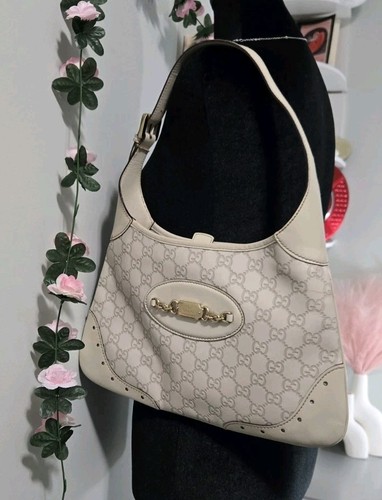 GUCCI Guccissima Off White Leather Shoulder Bag Hobo 145778 Horsebit Chain Italy