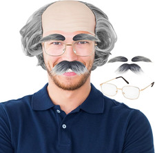 Old Man Bald Cap,Short Grey Bald Cap with Side Hair,Grandpa Wig with Glasses Mus