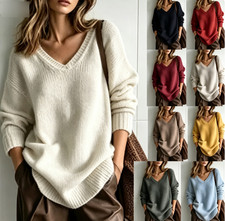 Women Oversized V  Neck Knit Sweater Fall Winter Long Sleeve Loose Pullover Top