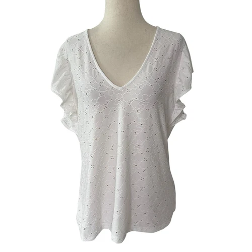 Michael Kors White Eyelet Shirt Women Top Size Large | 4-27 - Picture 1 of 6