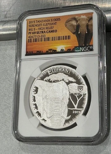 2015 Tanzania Silver S1000S Serengeti Elephant Big 5- High Relief NGC PF-69 UCAM