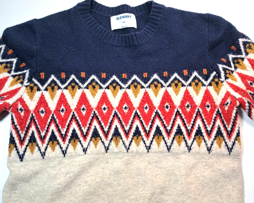 Suéter Antiguo Azul Marino Estilo Y2K 00s Niños Mediano (8) Patrón Geométrico Preppy Cálido Foto 2 de 4