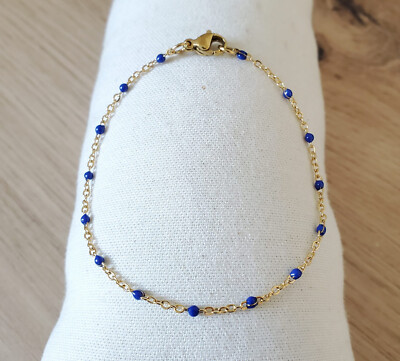 Bracelet Perles Résine Bleu Et Or Artisanal Pour Femme - 20 Cm, Fermoir Mousqueton - Neuf Avec étiquettes