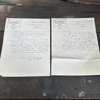 A.G. Ashley Electrical & Mechanical Engineer Vintage Letters X 2 Nagambie c1915