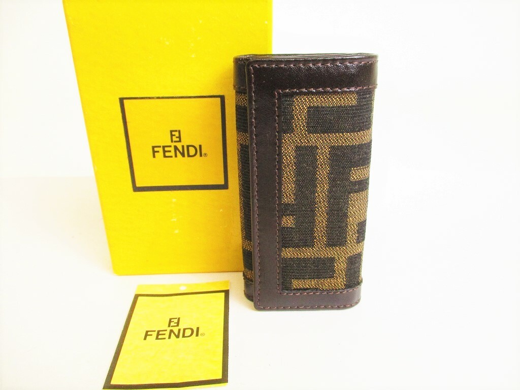 Auth FENDI Zucca Khaki Canvas Dark Brown Leather 4pics Key Cases