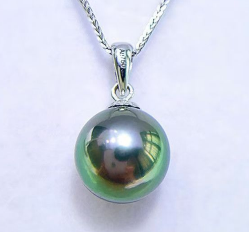 Charm 11mm Natural South Sea Genuine Green Round Pearl Pendant Necklace 09