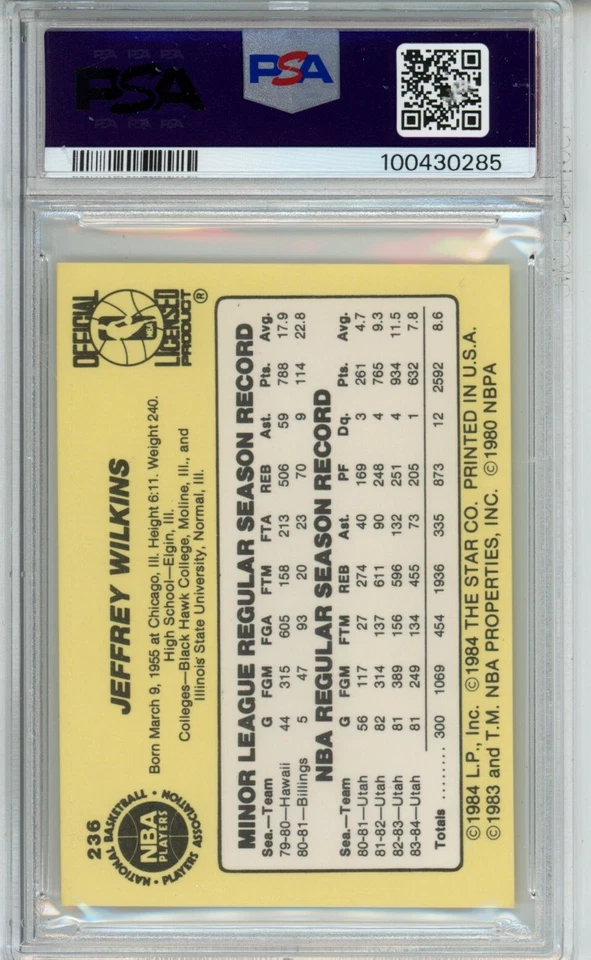 1984 STAR #236 JEFF WILKINS PSA 8 MINT CORNERS CENTERED UTAH JAZZ LEGEND NICER - Image 2 of 2