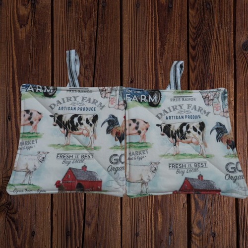 Handmade Potholder, Set of 2, Reversible Farm and White and Black Ticking - Picture 6 of 6