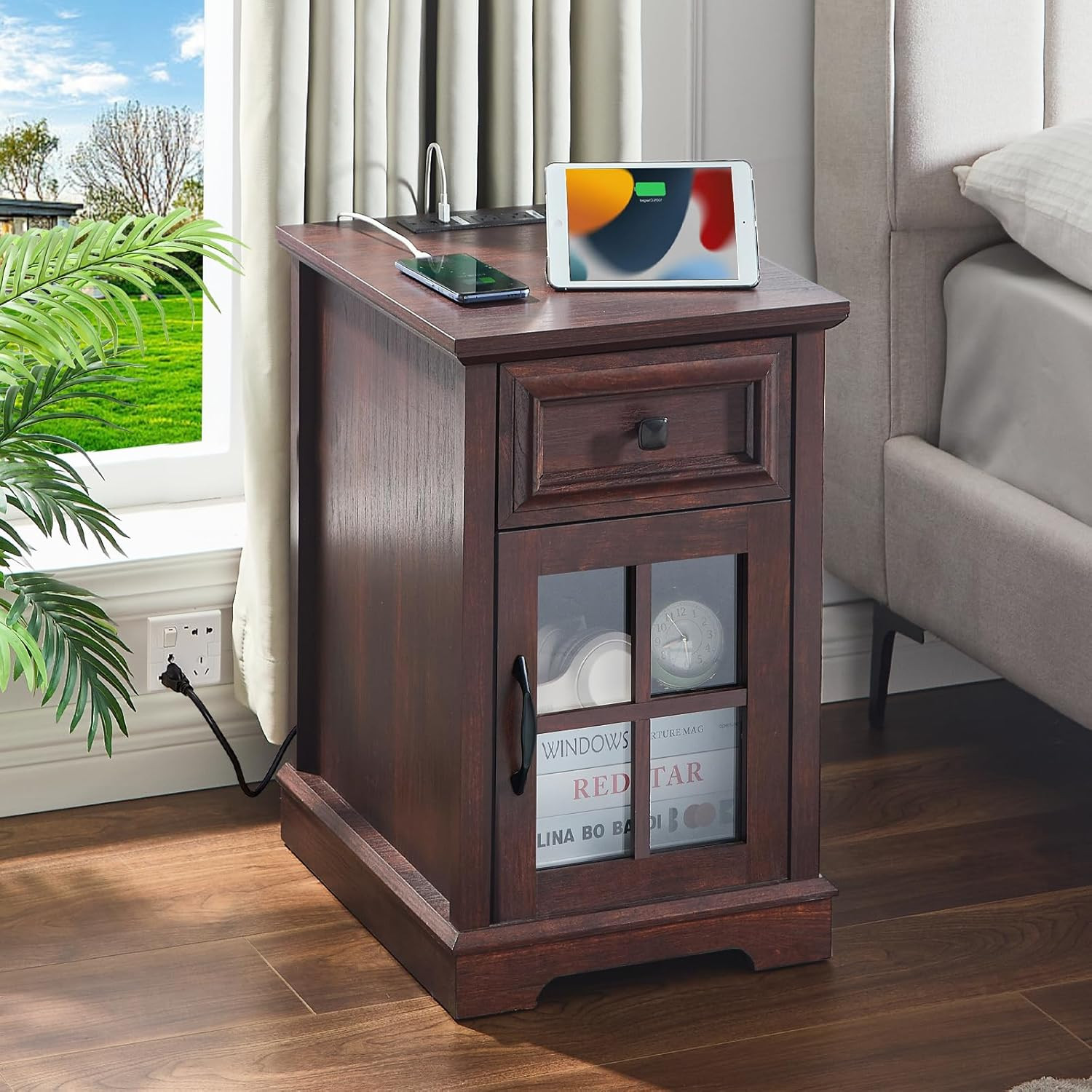 Farmhouse XXL End Table with USB Ports, Drawer & Glass Door 
