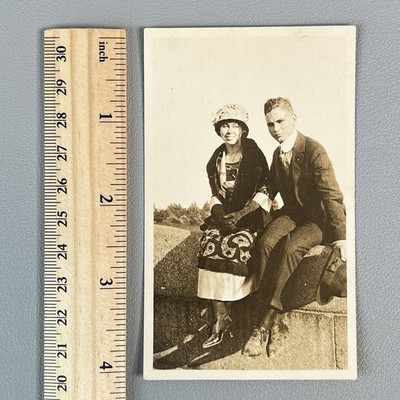 Vtg 1910s Photo Couple Fashion Lace Swirl Skirt Floral Hat Stiff Collar Boots