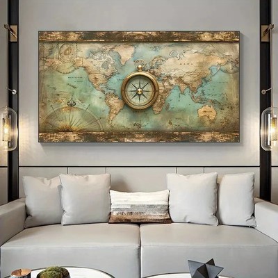 Vintage World Map & Compass Wall Decor Unframed Canvas Painting for Living