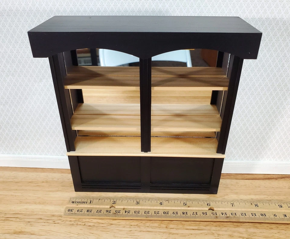 Dollhouse Bar or Shop Shelves Mirrored Back Black & Oak 1:12 Scale Miniature - Image 4 of 4