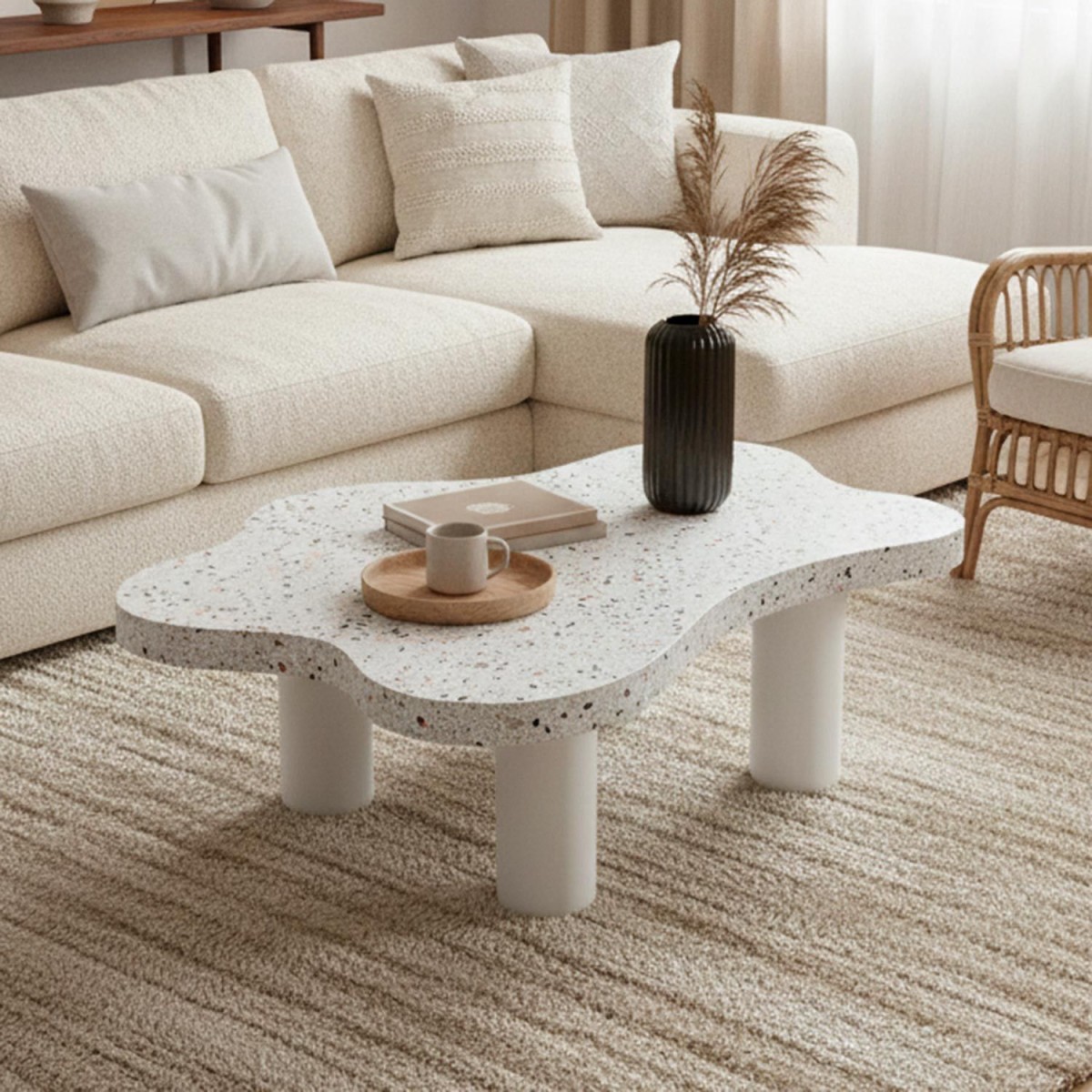 Table basse effet terrazzo Nuage 100cm gris clair antitache pour grand salon - 4