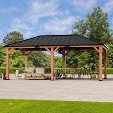Outdoor Large Wood Gazebo with Hardtop Galvanized Steel Roof for Lawn and Garden