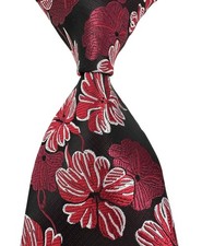 New Luxury Floral Dark Red White Jacquard Woven Men's Silk Skinny Tie Necktie
