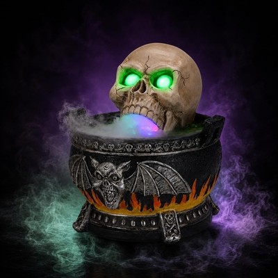 Halloween Skull Fog Machine with Glowing LED Eyes,Cauldron Mist Maker | 10.63-In