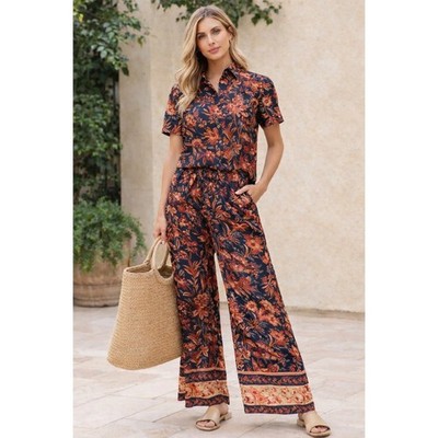 Elie Tahari 2 Pc Set Floral Wide Leg Pants Button Shirt Boho M travel NWT 