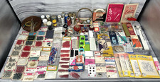 LARGE LOT VINTAGE SEWING / CRAFT ITEMS - SEWING BASKET BEADS HOT IRON TRANSFERS