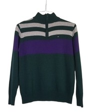 Tommy Hilfiger Boys Medium Quarter Zip Sweater Green Purple  Grey 100 Cotton