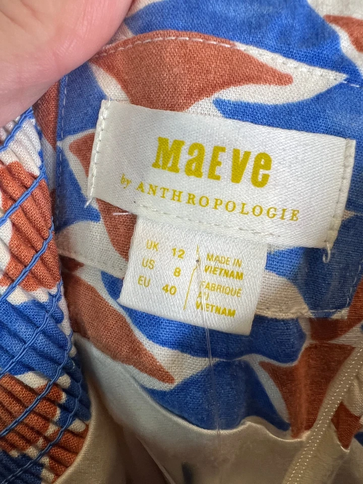 Mini Vestido Anthropoogie Maeve Talla UK 12 Azul The Ofelia Correa Geométrica de Lino Foto 4 de 4