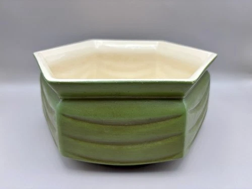 Vintage McCoy Floraline #421 Green Pottery Planter 6 Sided Country Design
