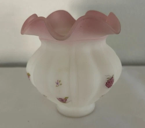 FENTON FROSTED PINK/WHITE RASPBERRY ROSE 5" VASE ~w/FLARED EDGE ~HAND PAINTED
