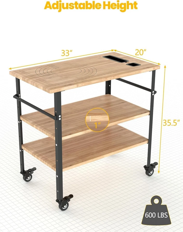 Mesa de parrilla exterior de 33 pulgadas soporte para horno de pizza de 3 niveles madera de bambú para preparación de barbacoa EE. UU. Foto 3 de 4