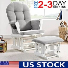 Rocking Chair Glider and Ottoman Baby Seat, White Finish with Gray Cushions US