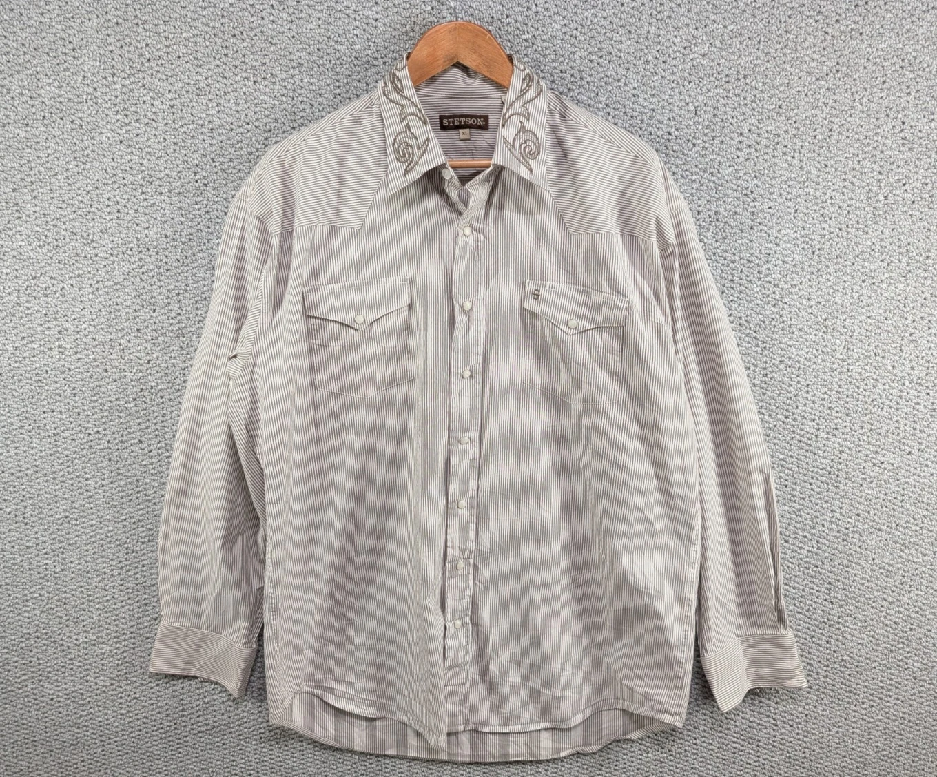 Stetson Western Wear Brown Striped Embroidered Cowboy Pearl Snap Button Shirt XL