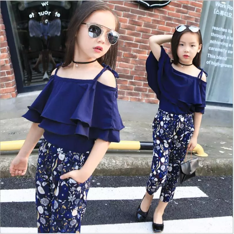 2pc Kids Baby Girls Fashion Korean Off Shoulder Blouse+floral Pants Clothes  Set