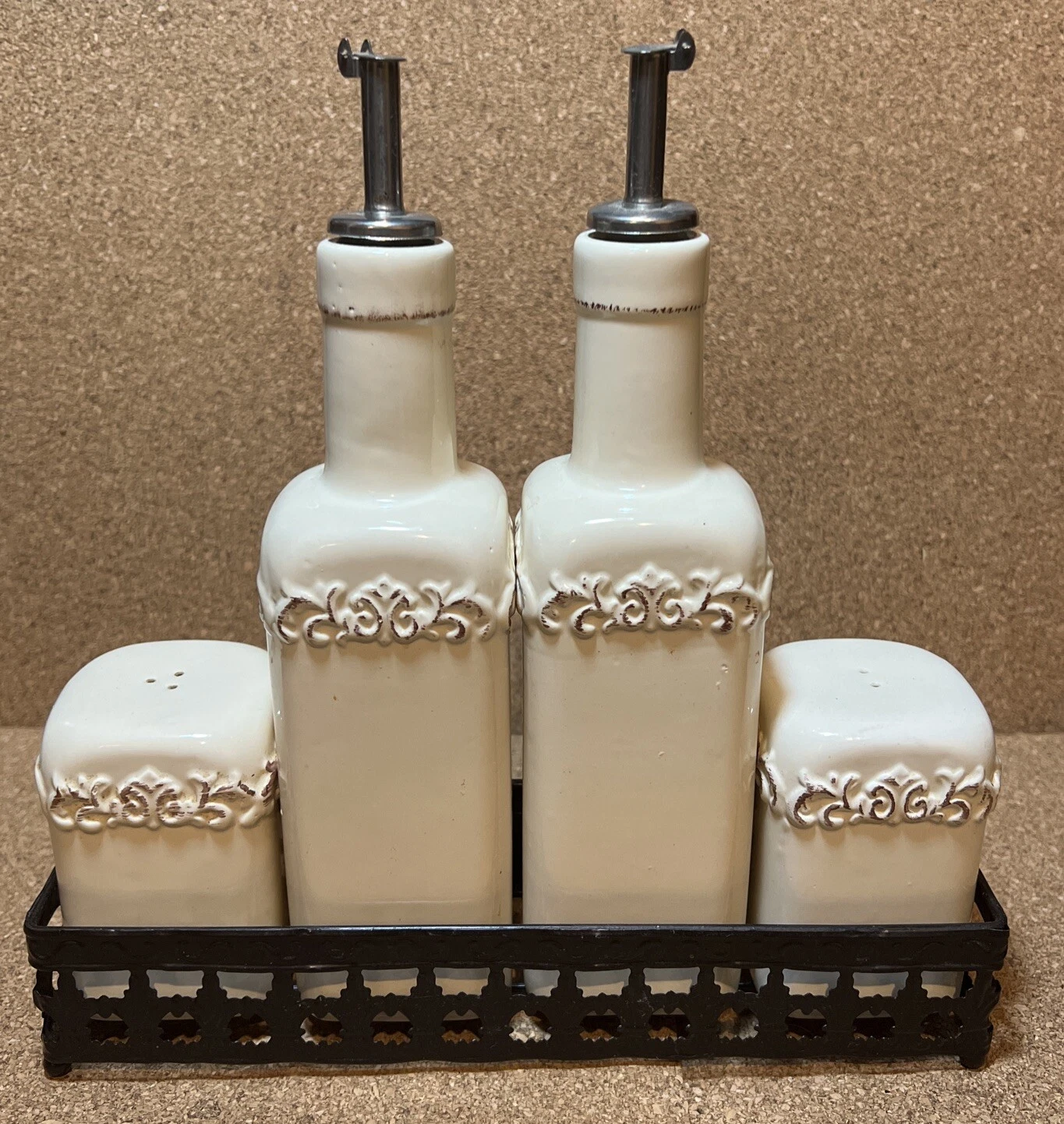 Olive Oil Vinegar Cruets Salt Pepper Containers In Metal Storage Rack