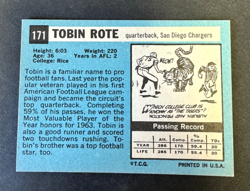 1964 Topps AFL Set Break Tobin Rote, #171, Ex/Nm, SP - Picture 2 of 2