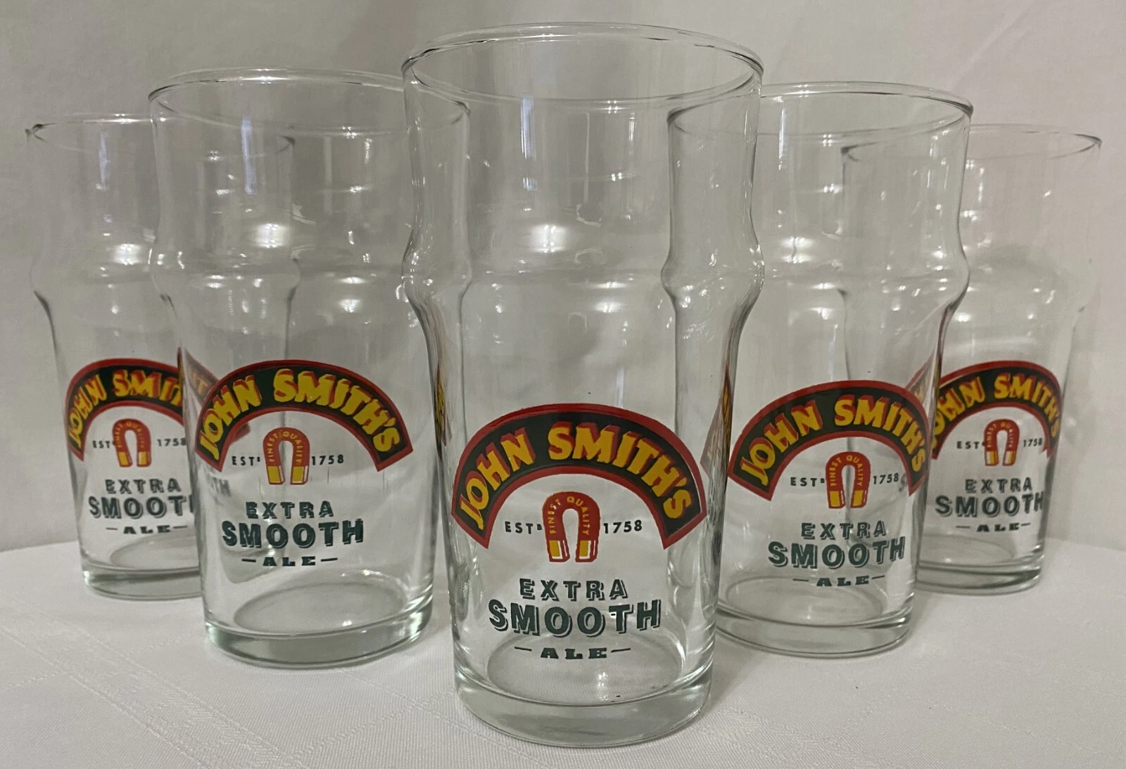 USED JOHN SMITH'S EXTRA SMOOTH ALE PILSNER BEER GLASS LOT x5 GREAT SHAPE 20oz 6"
