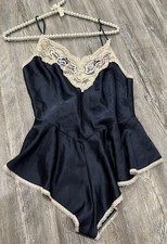 VTG 90  s USA Made Women  s Navy Blue Satin White Laced Pink Embroidered Teddy S