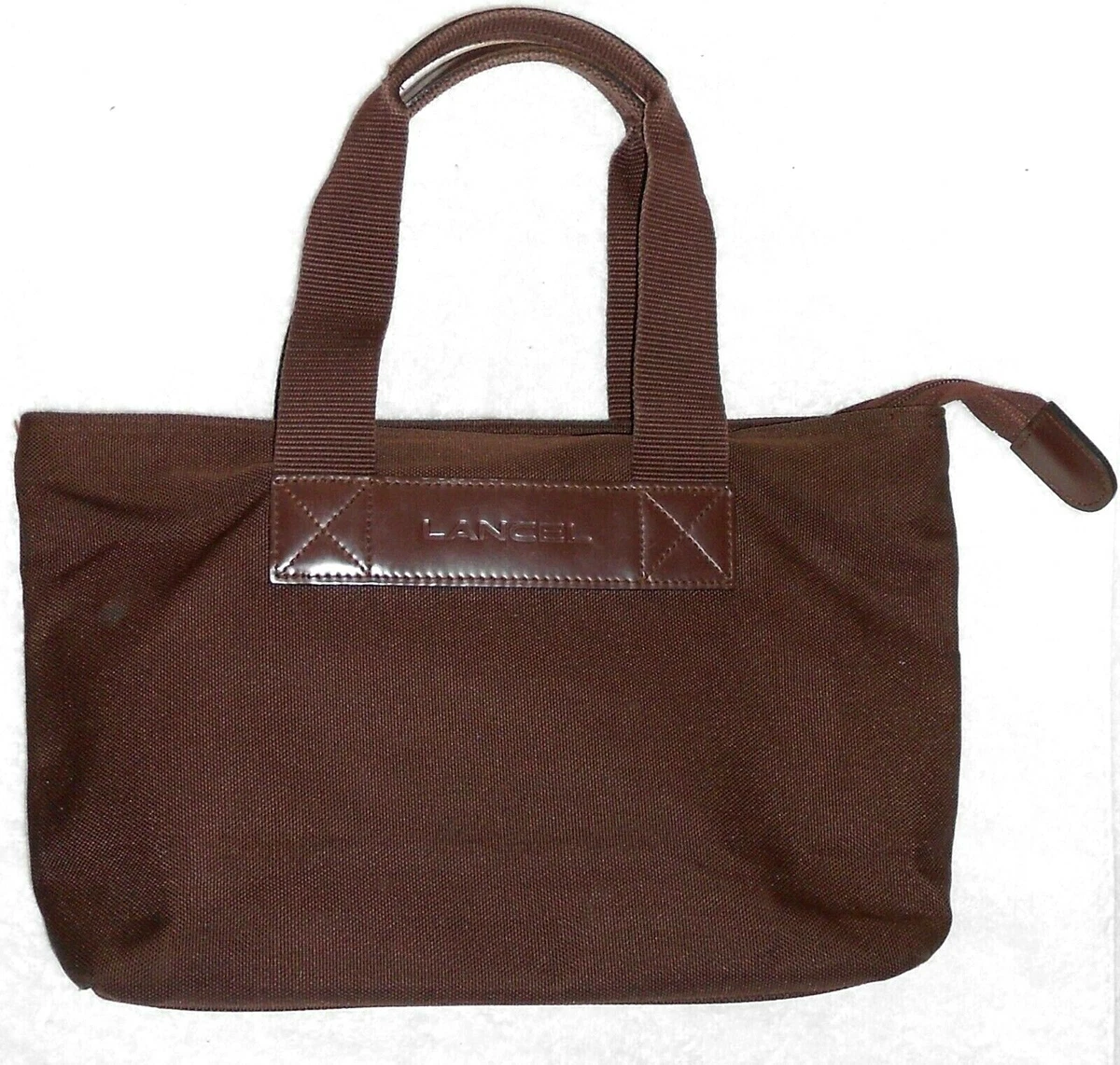 LANCEL petit sac cabas toile marron garnitures cuir brun fonc TBE