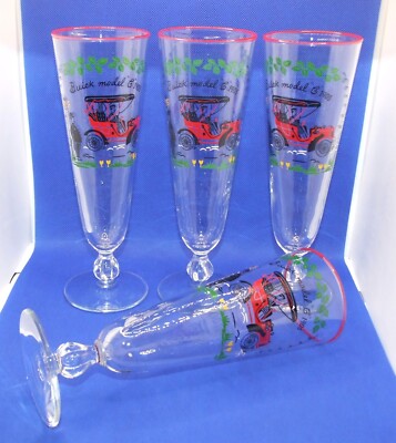 Vintage LIBBEY ''Buick model C 1905'' Horseless Carriage Safedge PILSNER Glasses-4